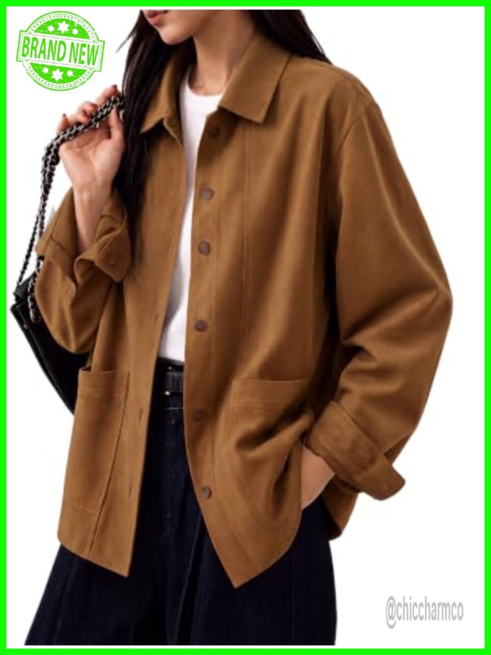 Faux Suede Jacket Long Sleeve Oversized Coat Button Utility Pockets Shirt Style